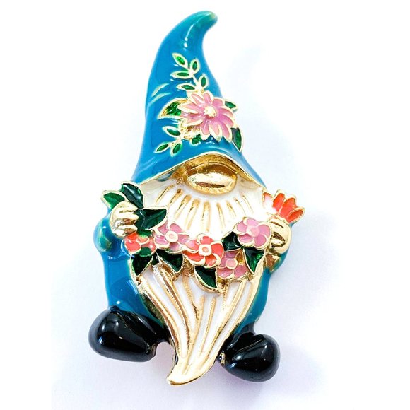 Flower-Loving Garden Gnome Pin/ Brooch - NEW - Picture 1 of 5